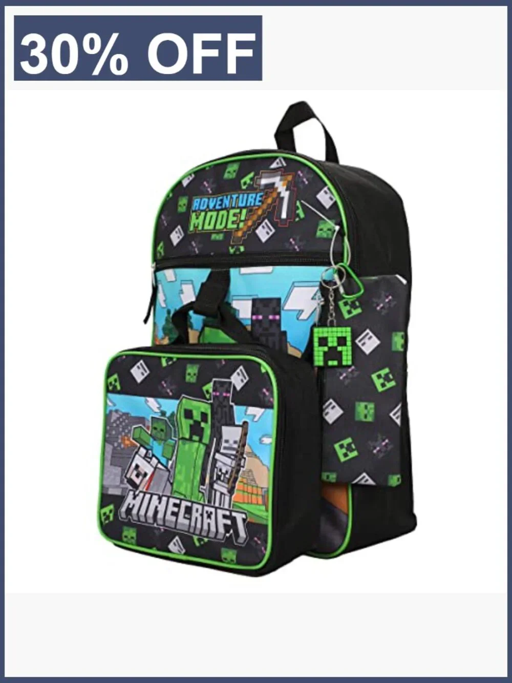Unisex Minecraft 5-Piece Backpack Set with Lunch Kit & Accessories